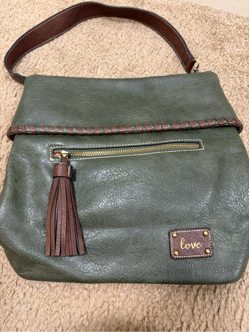 Love Olive Green and Brown Tassel Shoulder Bag